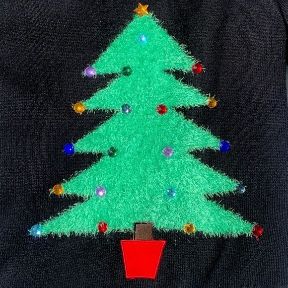 Christmas Tree Sweater L Karen Scott Petite Black Green Rhinestone Top Pullover - Picture 7 of 14